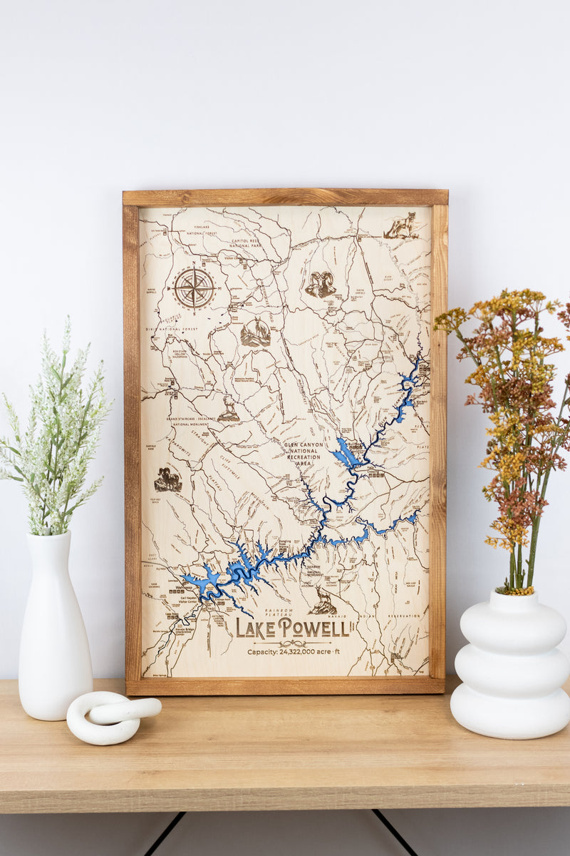 Lake Powell Topo Map Sign | Laser Engraved & Framed Wall Art