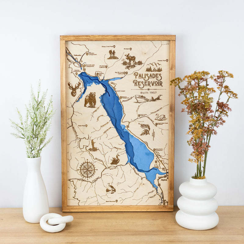 Palisades Reservoir Idaho Topo Map Sign |  Laser Engraved & Framed Wall Art