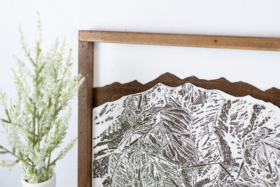 Laser-engraved Park City Mountain ski map with close-up of top left mountain peaks & ski trails