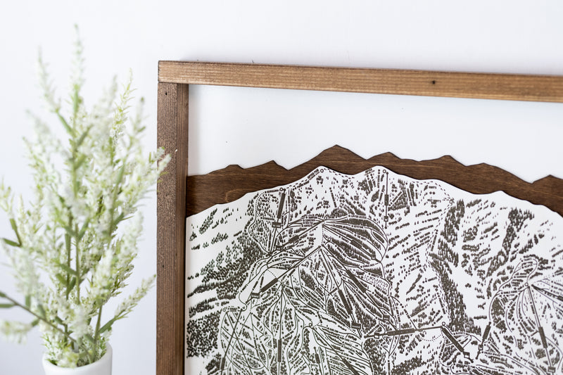Laser-engraved Park City Mountain ski map with close-up of top left mountain peaks & ski trails