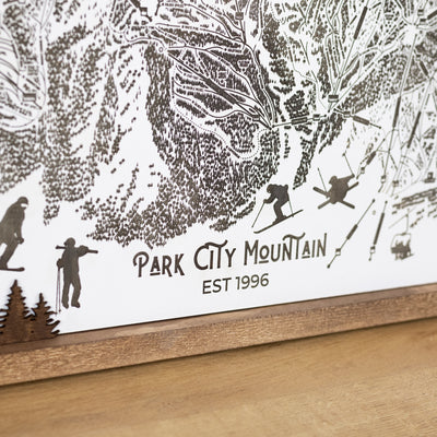 Laser-engraved Park City Mountain ski map with close-up title showing Park City Mountain est 1996 