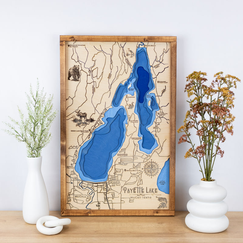 Payette Lake Topo Map Sign | Laser Engraved & Framed Wall Art
