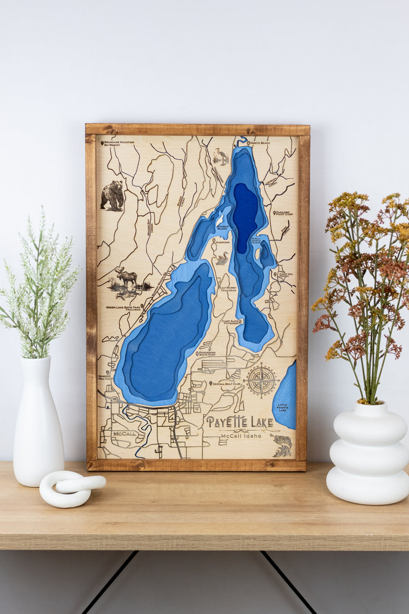 Payette Lake Topo Map Sign | Laser Engraved & Framed Wall Art