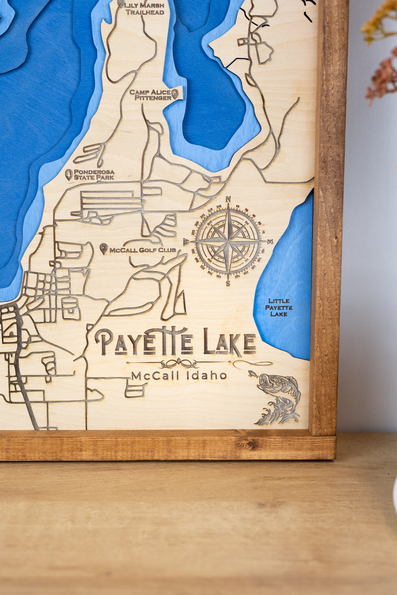 Payette Lake Topo Map Sign | Laser Engraved & Framed Wall Art