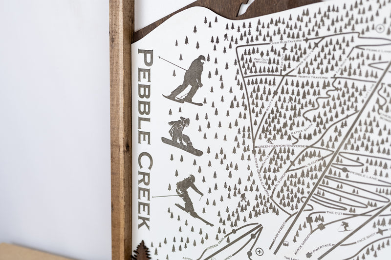 Pebble Creek Ski Resort Map Sign | Laser Engraved & Framed Wall Art