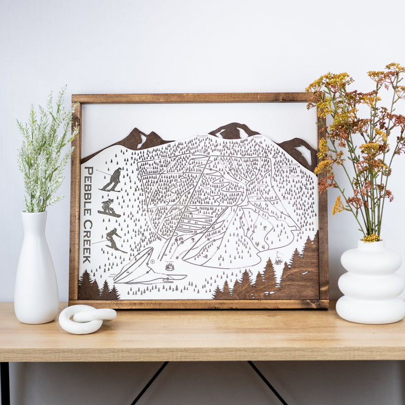 Pebble Creek Ski Resort Map Sign | Laser Engraved & Framed Wall Art