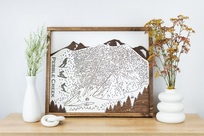 Pebble Creek Ski Resort Map Sign | Laser Engraved & Framed Wall Art