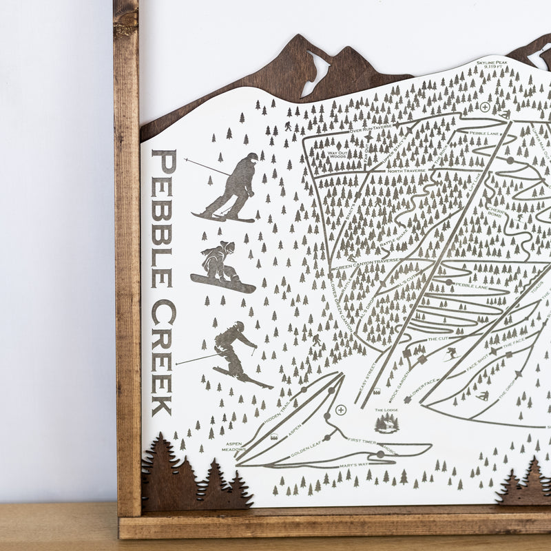 Pebble Creek Ski Resort Map Sign | Laser Engraved & Framed Wall Art