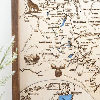 Sawtooth National Recreation Topo Map Sign | Laser Engraved & Framed Wall Art