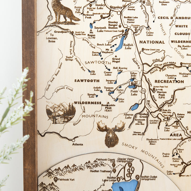 Sawtooth National Recreation Topo Map Sign | Laser Engraved & Framed Wall Art