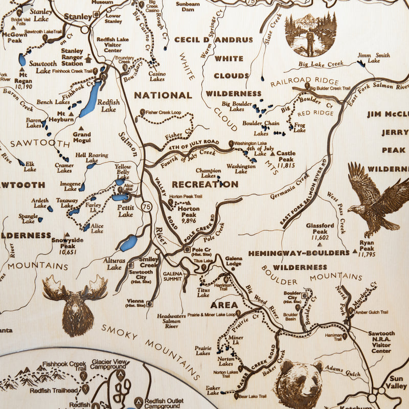 Sawtooth National Recreation Topo Map Sign | Laser Engraved & Framed Wall Art