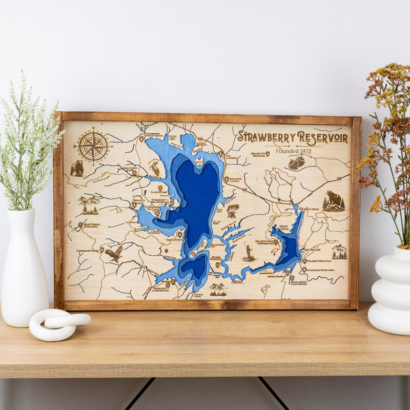 Strawberry Reservoir Topo Map Sign | Laser Engraved & Framed Wall Art