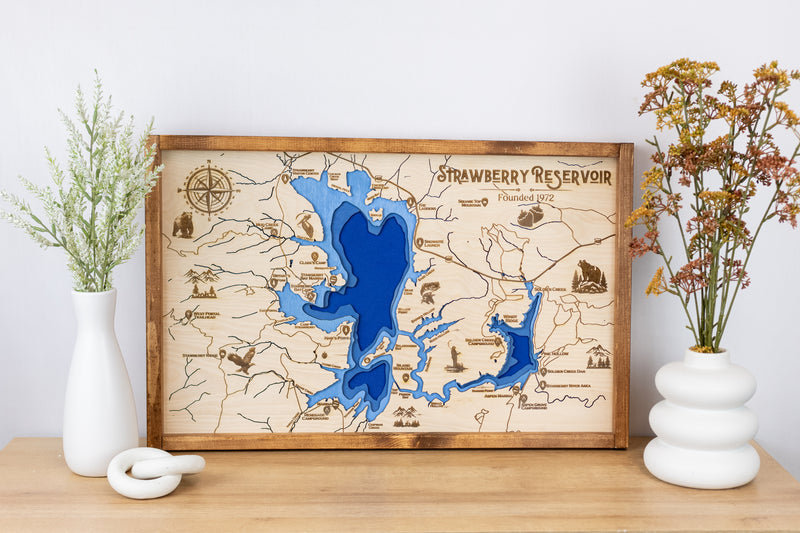 Strawberry Reservoir Topo Map Sign | Laser Engraved & Framed Wall Art