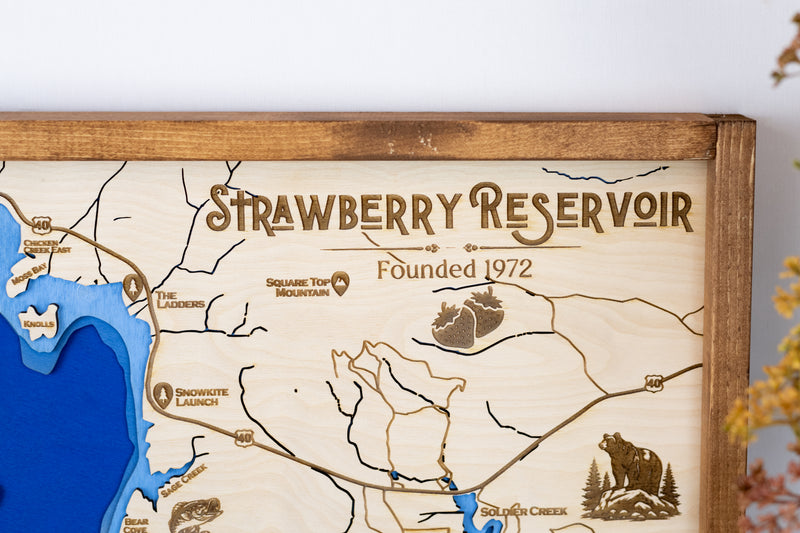 Strawberry Reservoir Topo Map Sign | Laser Engraved & Framed Wall Art