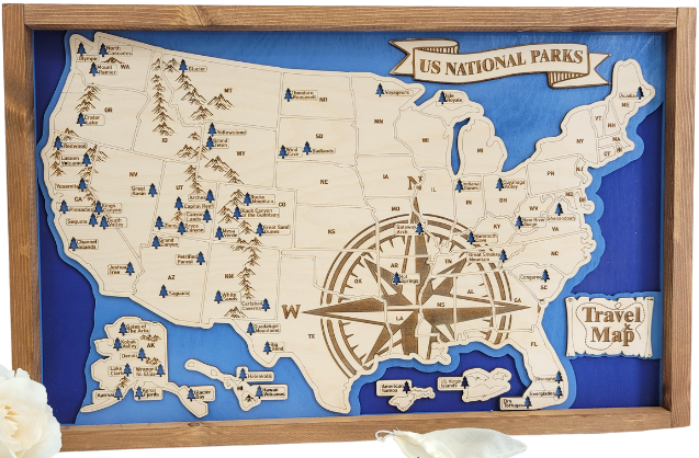 US National Parks Map Sign w/ Tree Markers | Laser Engraved & Framed Wall Art