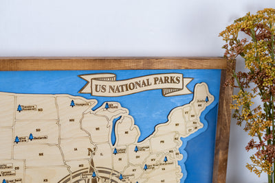 US National Parks Map Sign w/ Tree Markers | Laser Engraved & Framed Wall Art