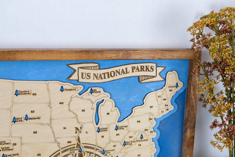 US National Parks Map Sign w/ Tree Markers | Laser Engraved & Framed Wall Art