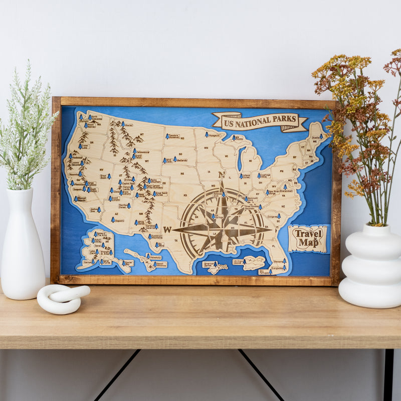 US National Parks Map Sign w/ Tree Markers | Laser Engraved & Framed Wall Art
