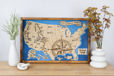 US National Parks Map Sign w/ Tree Markers | Laser Engraved & Framed Wall Art