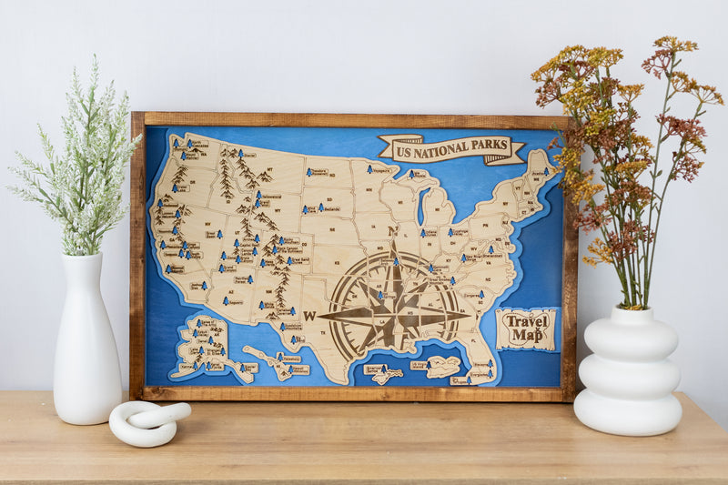 US National Parks Map Sign w/ Tree Markers | Laser Engraved & Framed Wall Art