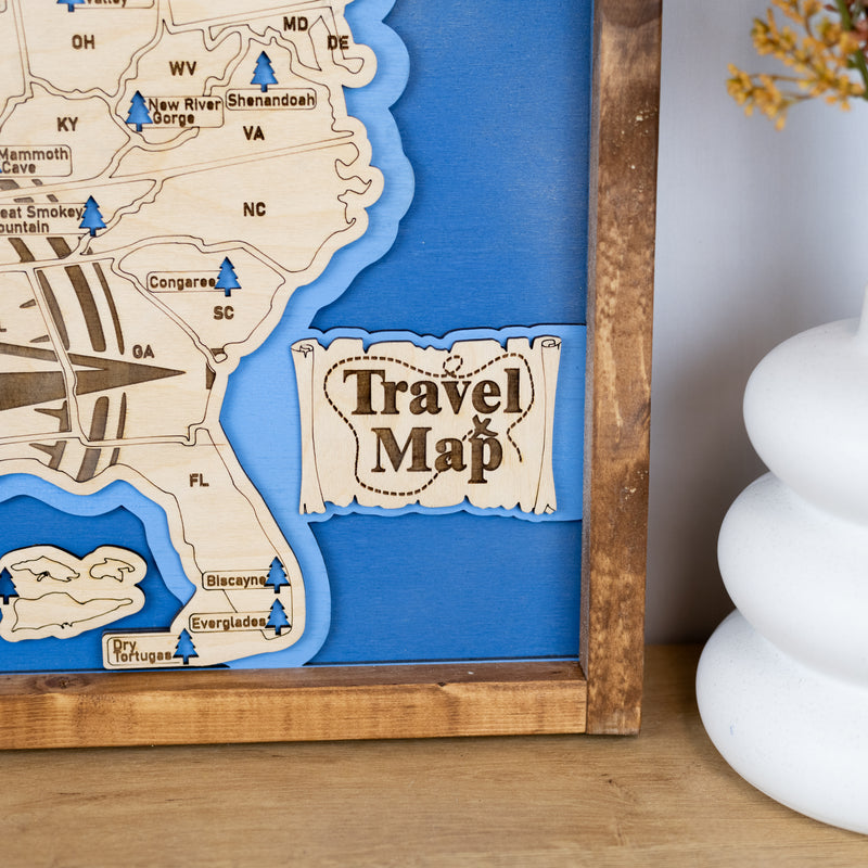 US National Parks Map Sign w/ Tree Markers | Laser Engraved & Framed Wall Art