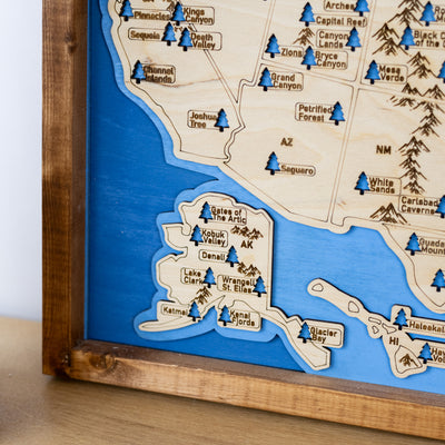 US National Parks Map Sign w/ Tree Markers | Laser Engraved & Framed Wall Art