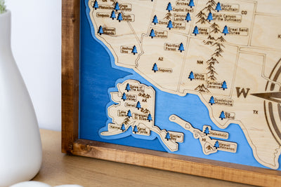 US National Parks Map Sign w/ Tree Markers | Laser Engraved & Framed Wall Art