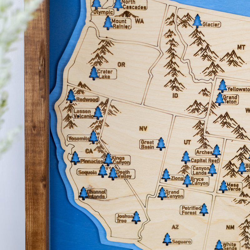 US National Parks Map Sign w/ Tree Markers | Laser Engraved & Framed Wall Art