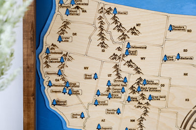 US National Parks Map Sign w/ Tree Markers | Laser Engraved & Framed Wall Art