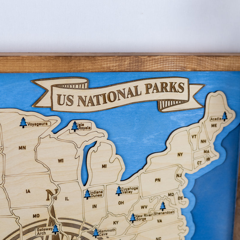 US National Parks Map Sign w/ Tree Markers | Laser Engraved & Framed Wall Art