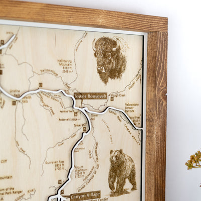 Yellowstone National Park close up of   top right corner featuring trail names and wildlife details