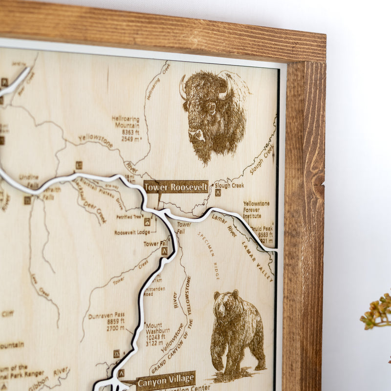 Yellowstone National Park close up of   top right corner featuring trail names and wildlife details