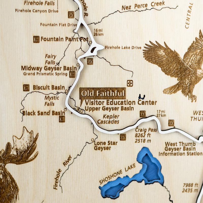 Yellowstone National Park close up of   trail names, well known landmarks,  and wildlife details