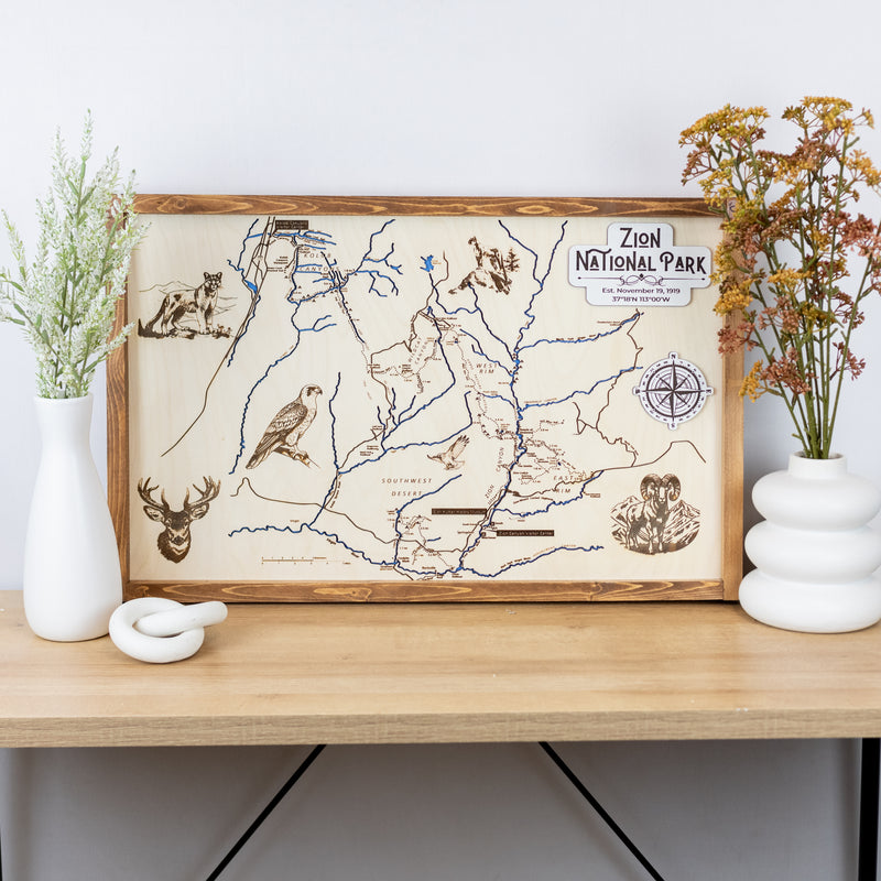 Zion National Park Topographic Map Sign | Laser Engraved & Framed Wall Art