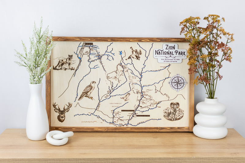 Zion National Park Topographic Map Sign | Laser Engraved & Framed Wall Art