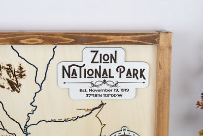 Zion National Park Topographic Map Sign | Laser Engraved & Framed Wall Art