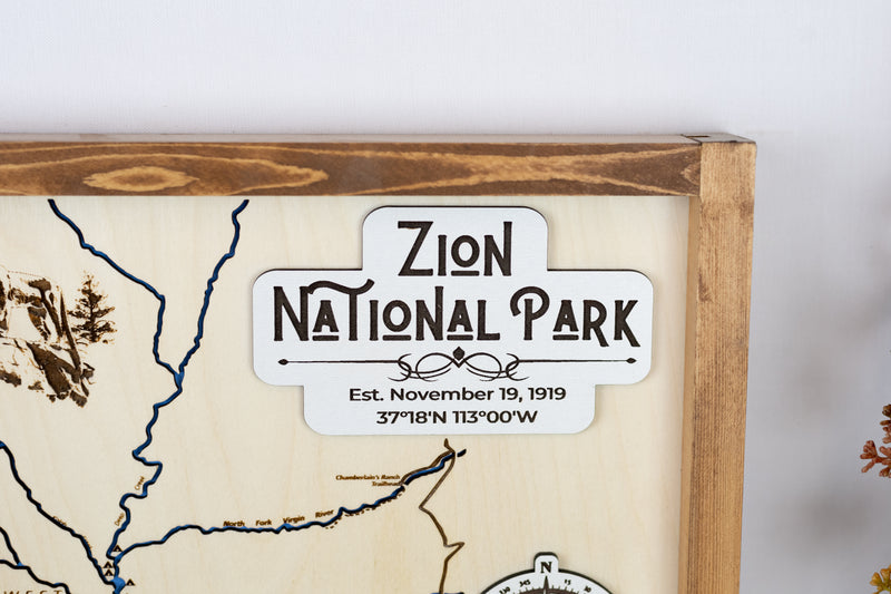 Zion National Park Topographic Map Sign | Laser Engraved & Framed Wall Art