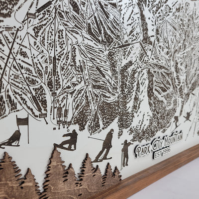 Laser-engraved Park City Mountain ski map with etched skiers and trail details