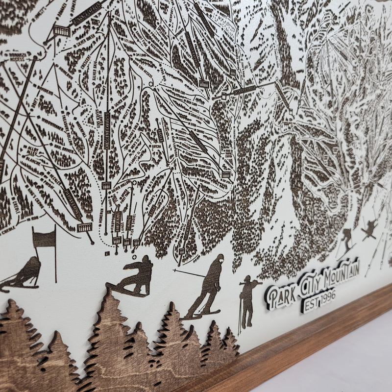 Laser-engraved Park City Mountain ski map with etched skiers and trail details