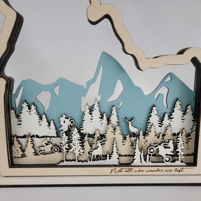 Customized State Sign (Idaho State with Wildlife and Motorbike), Laser cut and fully assembled