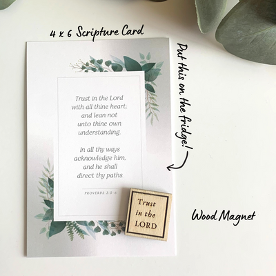 "Trust In The Lord" Ministering Gift Pack | Ministering Made Easy Kit | 4"x6" Scripture Card + Wood Magnet - Tiny 3D Temples